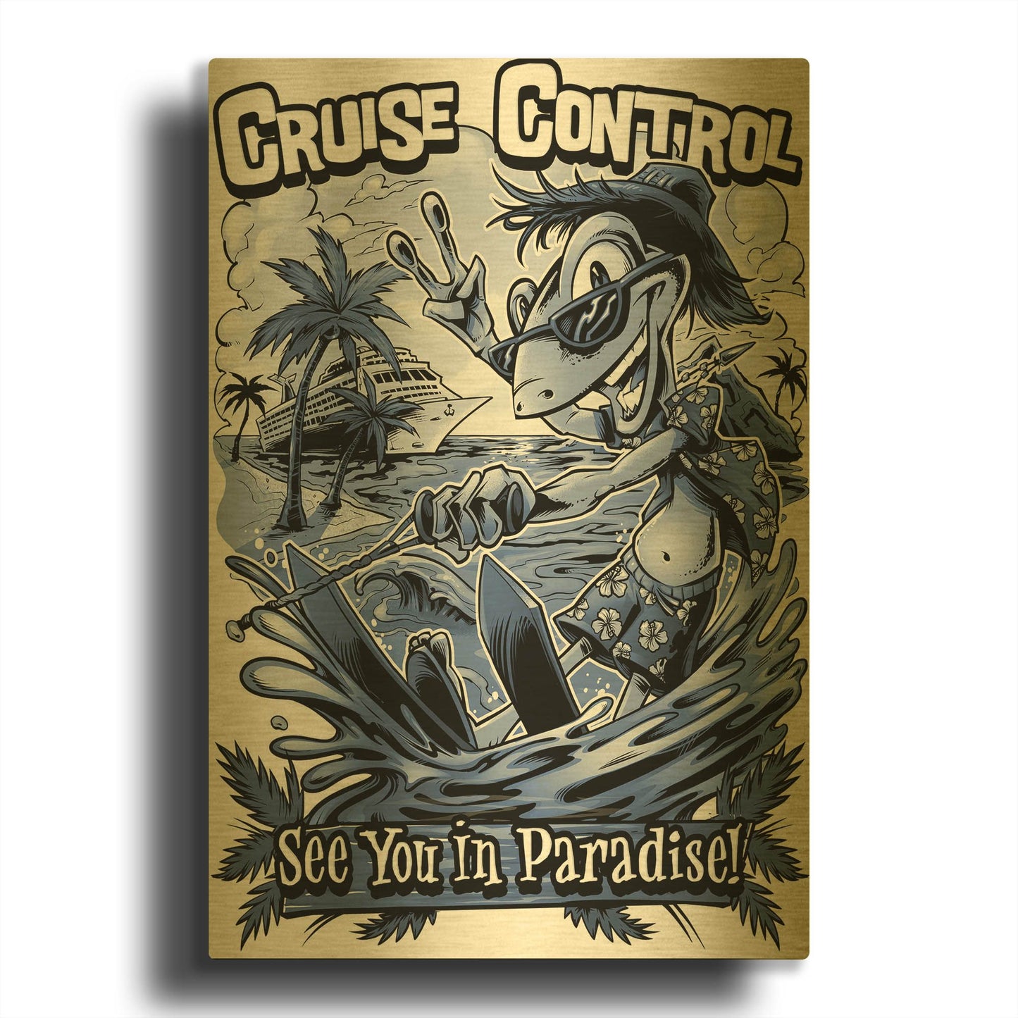 'Gecko Water Skiing' By Flyland Designs Gold Metal Wall Art