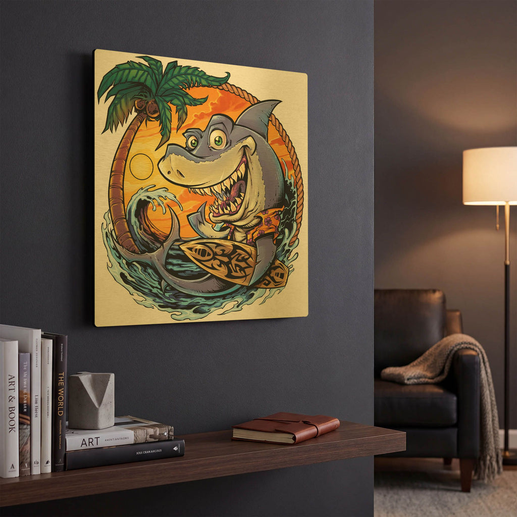 'Shark With Surfboard' By Flyland Designs Gold Metal Wall Art