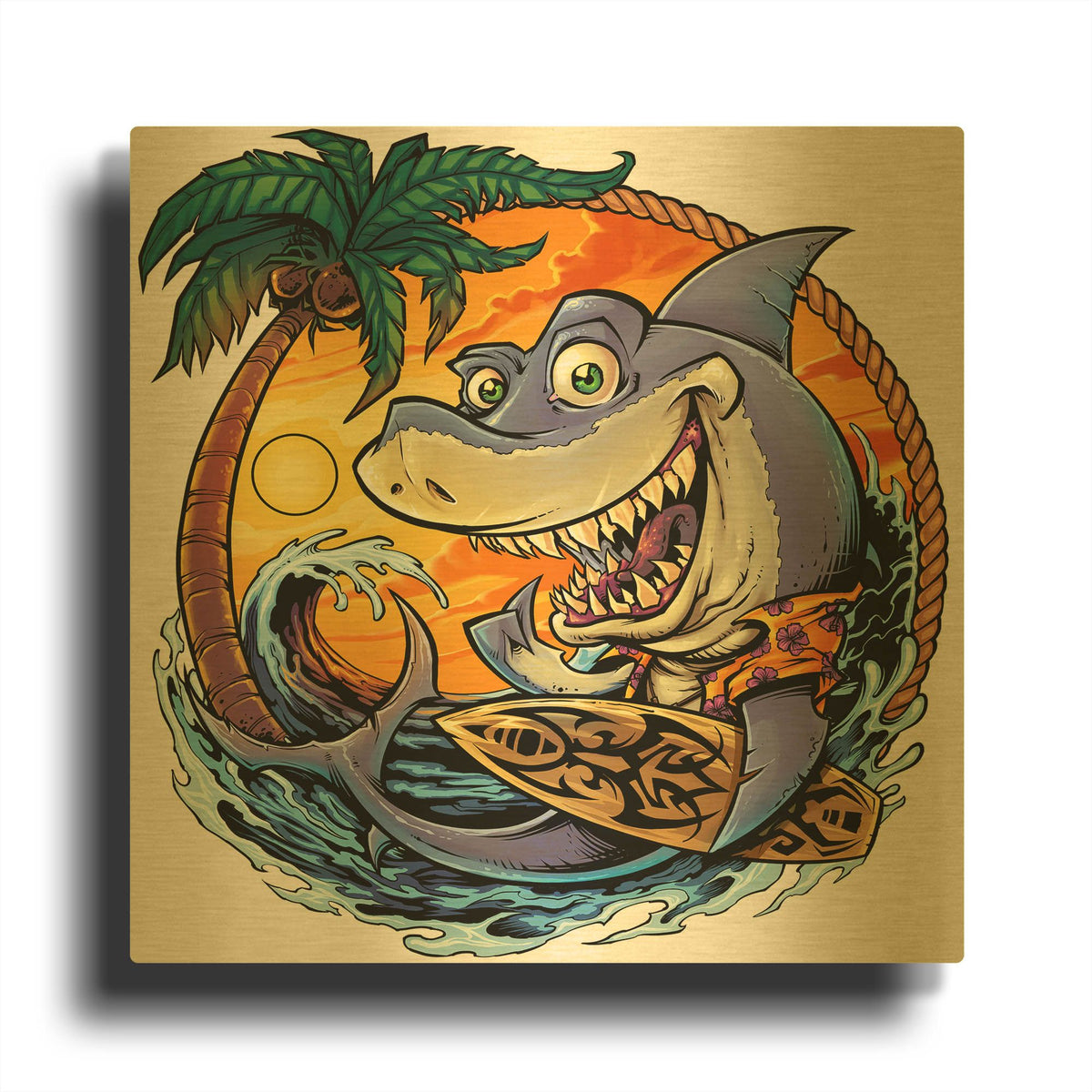 'Shark With Surfboard' By Flyland Designs Gold Metal Wall Art