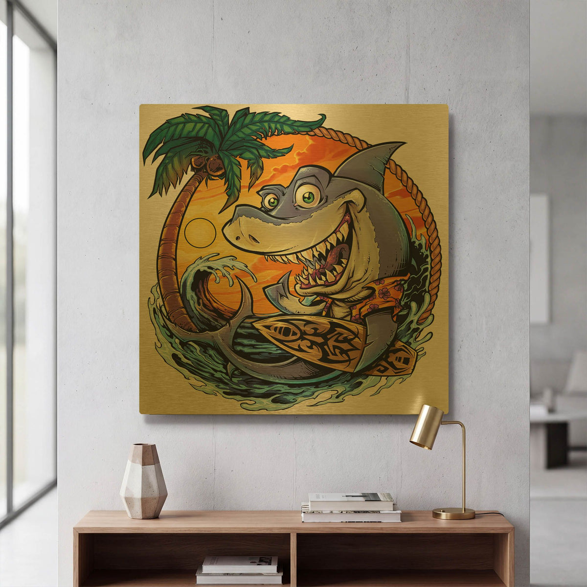 'Shark With Surfboard' By Flyland Designs Gold Metal Wall Art
