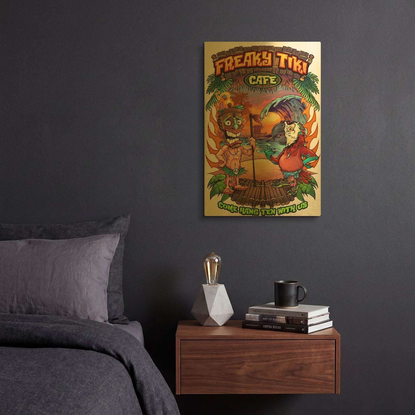 'Tiki and Parrot Island Template 2' By Flyland Designs Gold Metal Wall Art