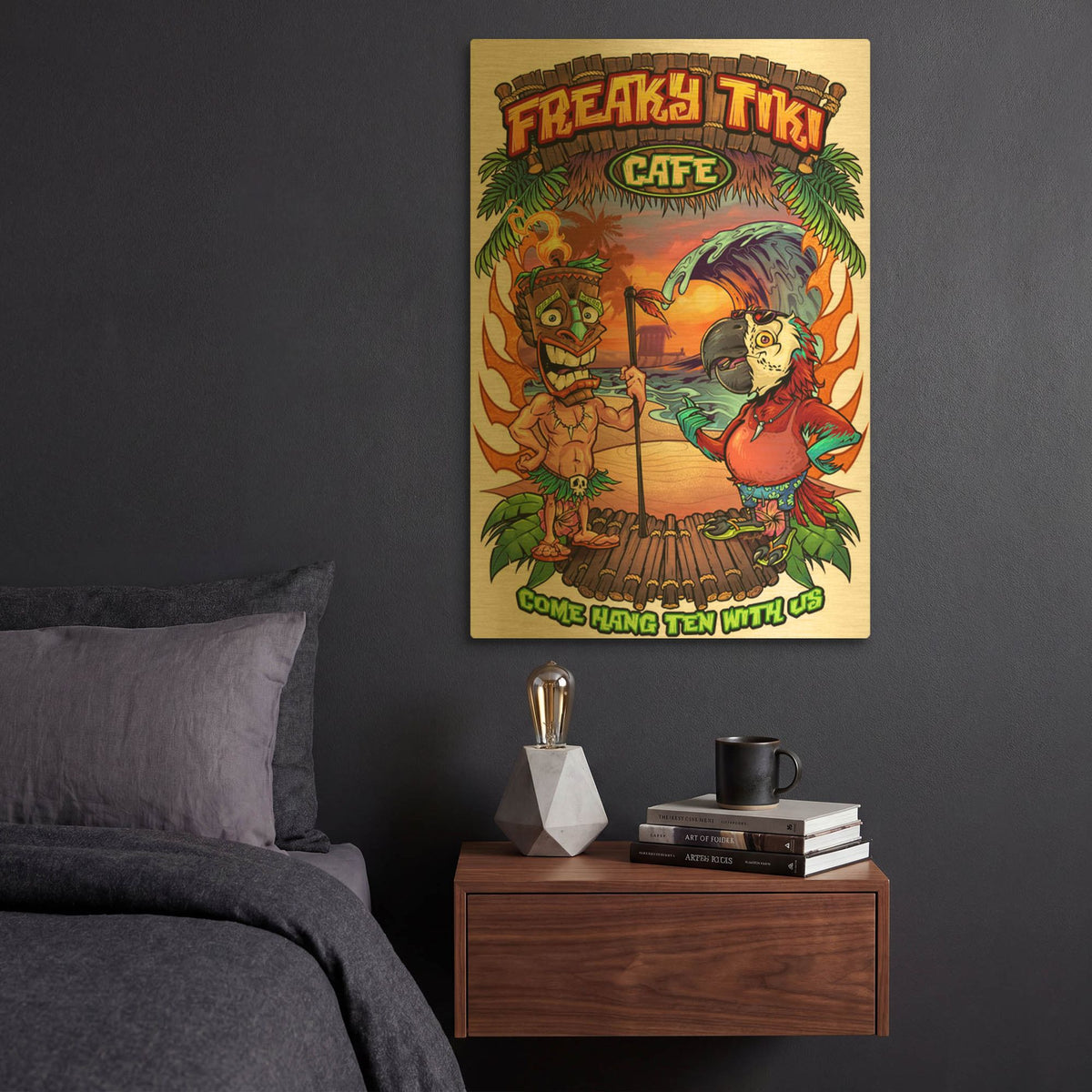 'Tiki and Parrot Island Template 2' By Flyland Designs Gold Metal Wall Art