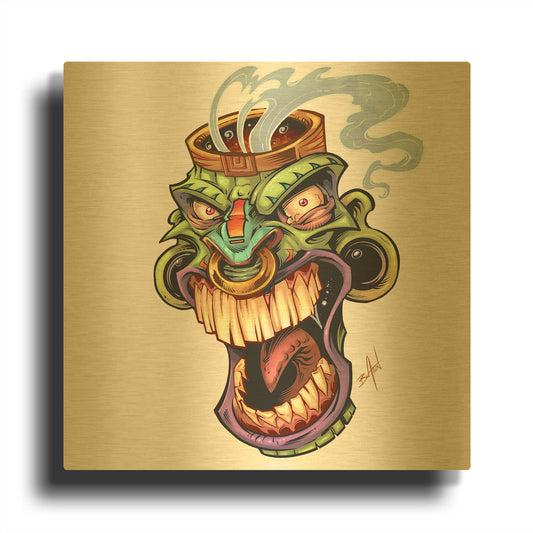 'Tiki Head 2 Screaming' By Flyland Designs Gold Metal Wall Art