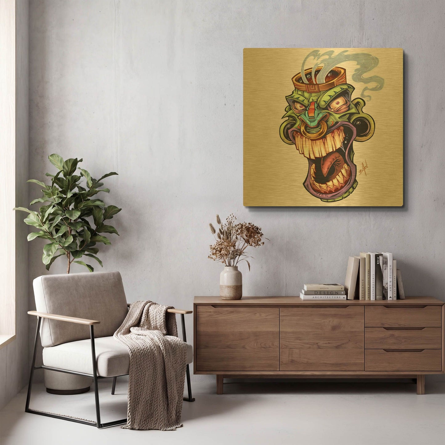 'Tiki Head 2 Screaming' By Flyland Designs Gold Metal Wall Art
