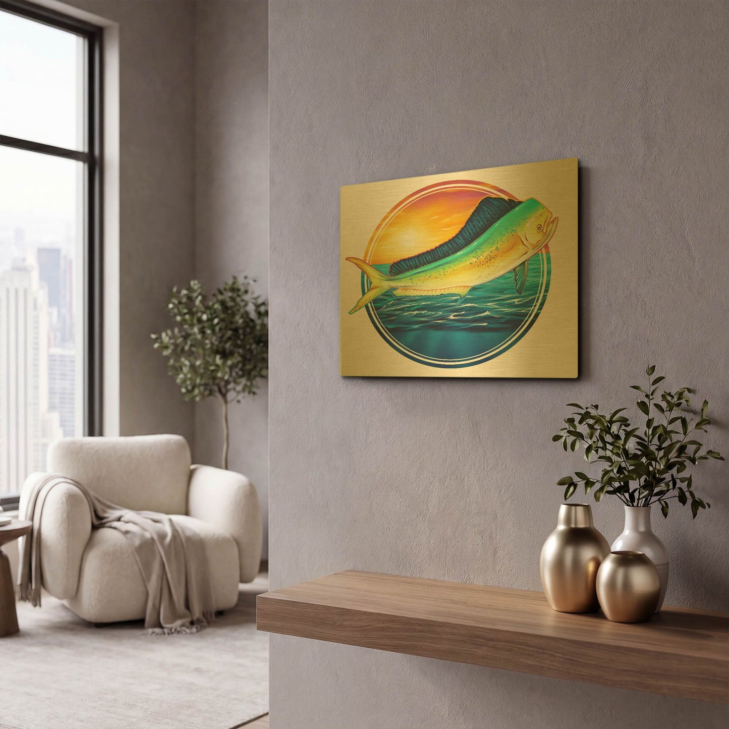 'Dolphin Fish Illustration' By Flyland Designs Gold Metal Wall Art