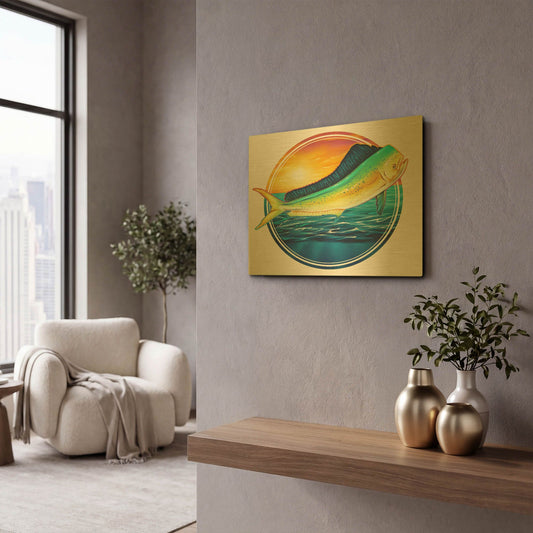 'Dolphin Fish Illustration' By Flyland Designs Gold Metal Wall Art