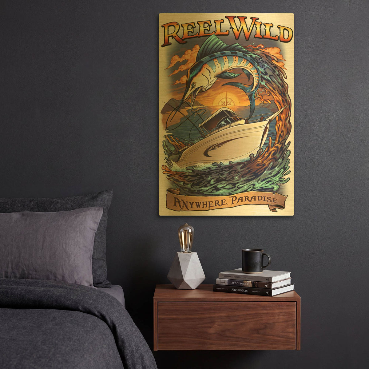 'Marlin Fishing Boat Reel Wild' By Flyland Designs Gold Metal Wall Art