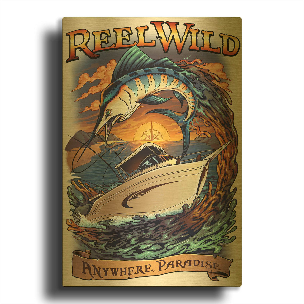 'Marlin Fishing Boat Reel Wild' By Flyland Designs Gold Metal Wall Art