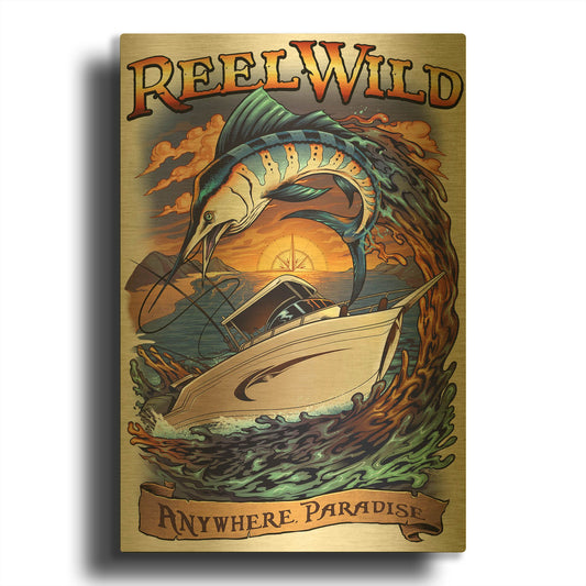 'Marlin Fishing Boat Reel Wild' By Flyland Designs Gold Metal Wall Art
