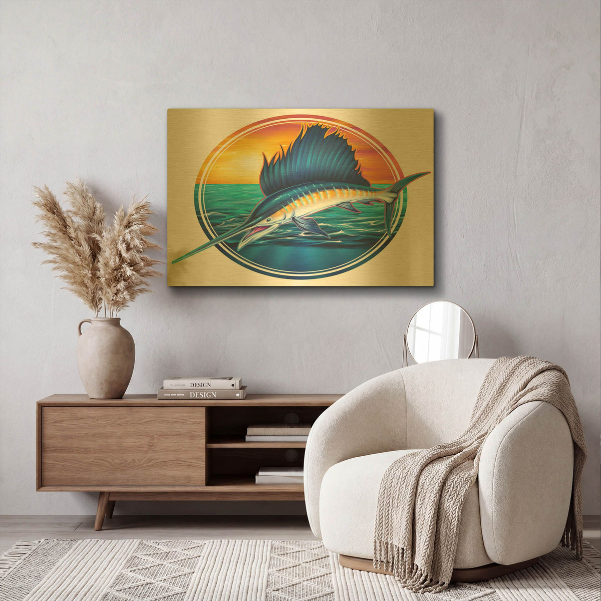'Sailfish Illustration' By Flyland Designs Gold Metal Wall Art