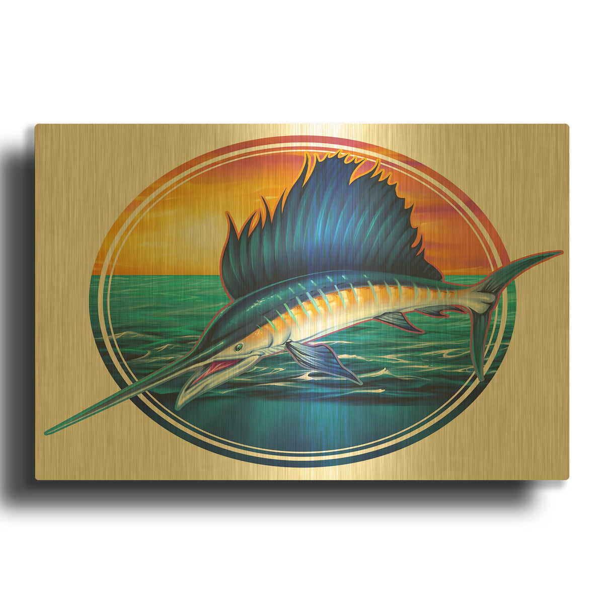 'Sailfish Illustration' By Flyland Designs Gold Metal Wall Art