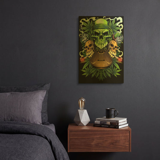 'Marijuana Skulls Full Color' By Flyland Designs Gold Metal Wall Art