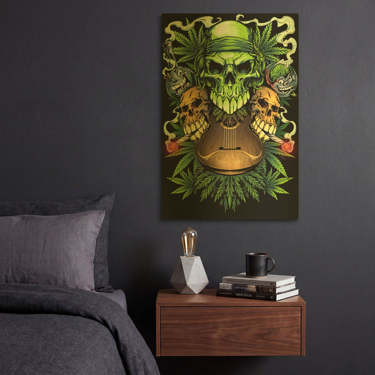 'Marijuana Skulls Full Color' By Flyland Designs Gold Metal Wall Art