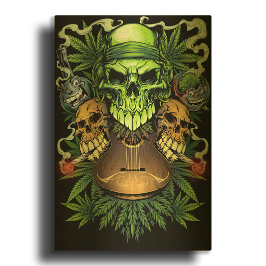 'Marijuana Skulls Full Color' By Flyland Designs Gold Metal Wall Art