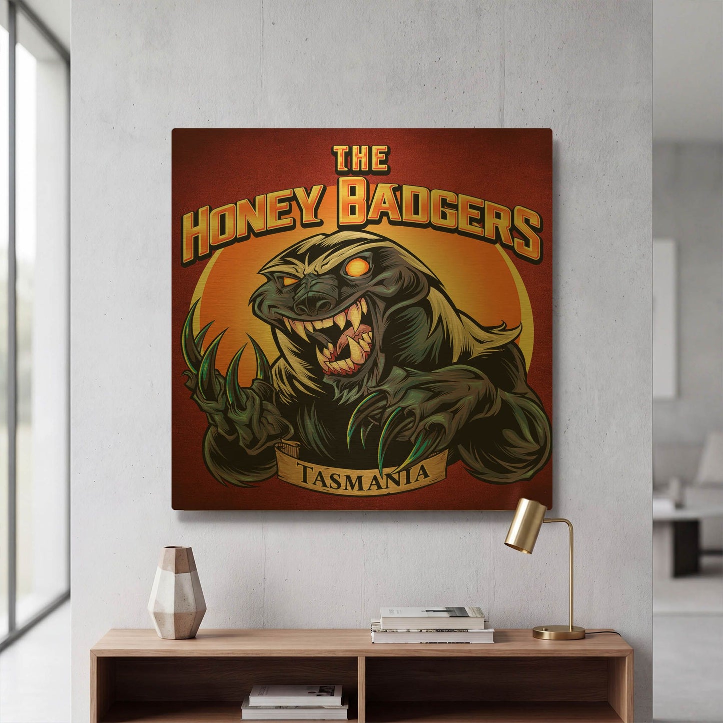 'Honey Badger Logo Design Green' By Flyland Designs Gold Metal Wall Art