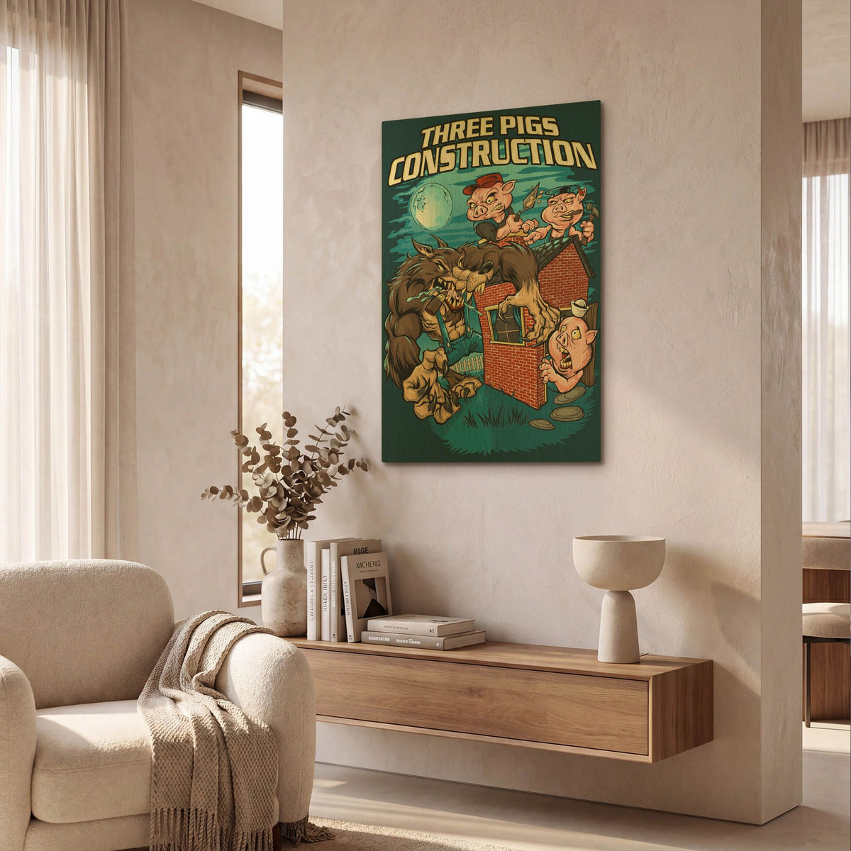 'Three Little Pigs Construction' By Flyland Designs Gold Metal Wall Art