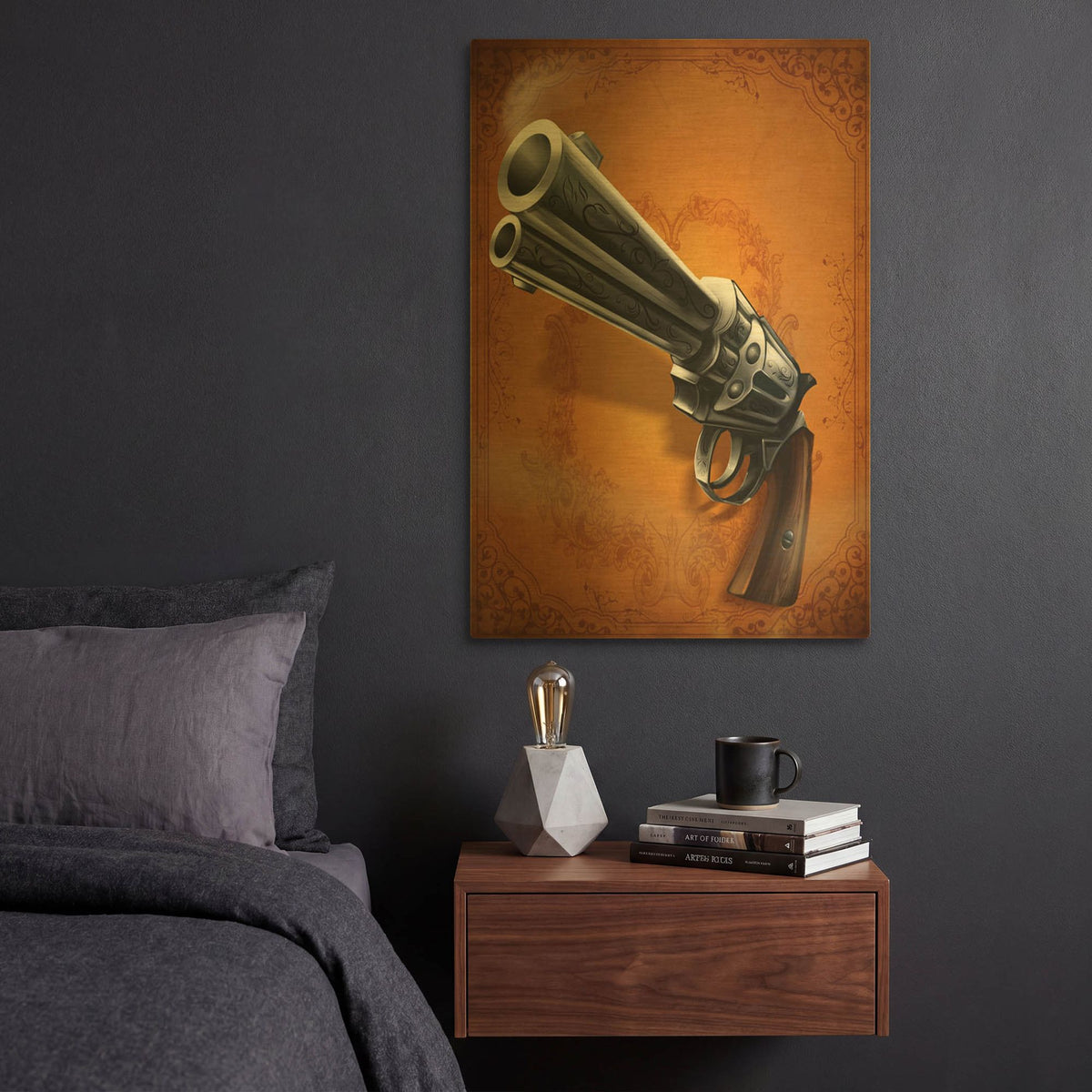 'Gunslinger - Single Gun 01' By Flyland Designs Gold Metal Wall Art