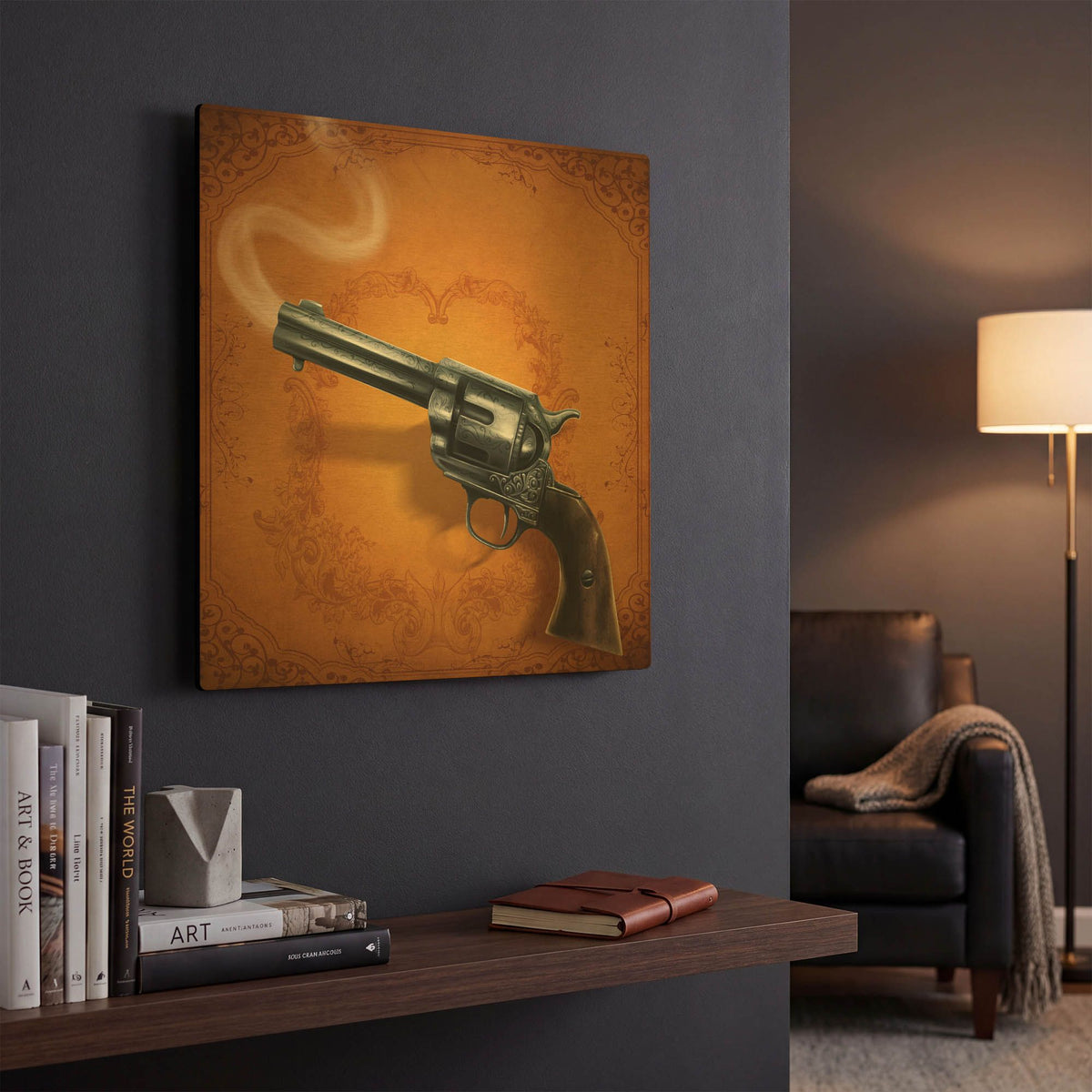 'Gunslinger - Single Gun 02' By Flyland Designs Gold Metal Wall Art