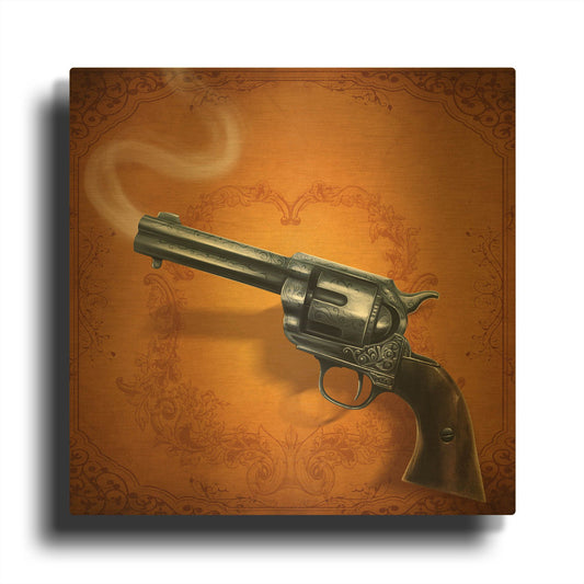 'Gunslinger - Single Gun 02' By Flyland Designs Gold Metal Wall Art