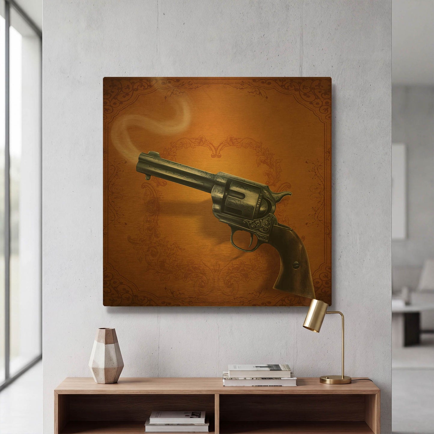 'Gunslinger - Single Gun 02' By Flyland Designs Gold Metal Wall Art