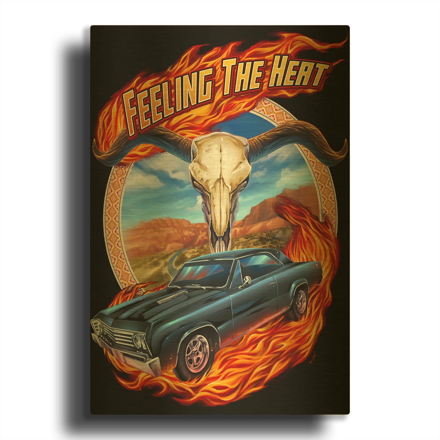 'Hot Rod Steer Skull Illustration' By Flyland Designs Gold Metal Wall Art