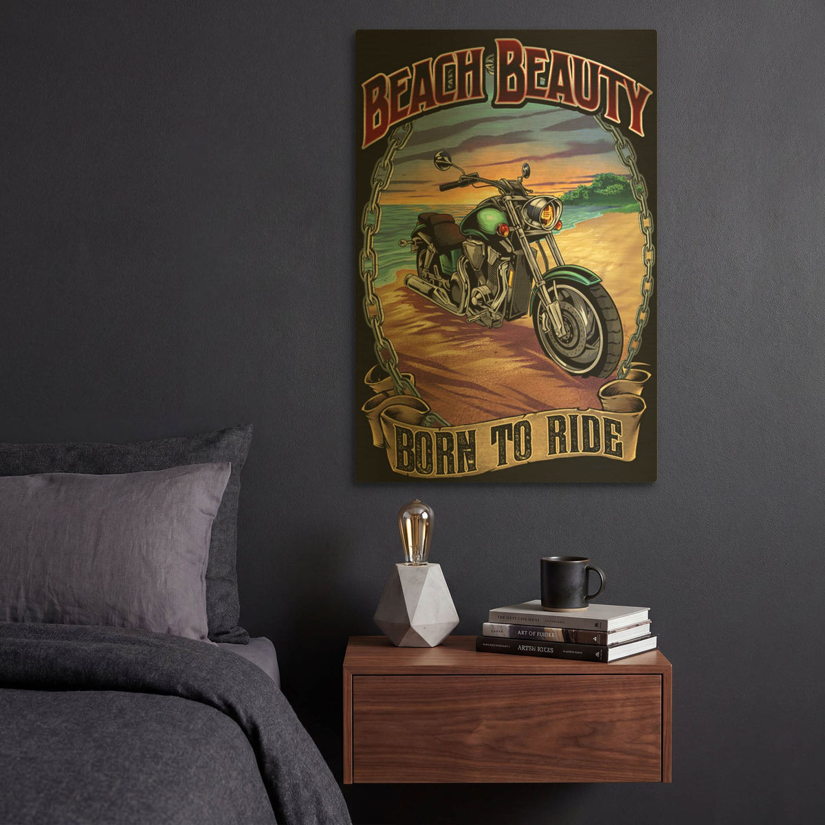 'Motorcycle On Beach' By Flyland Designs Gold Metal Wall Art