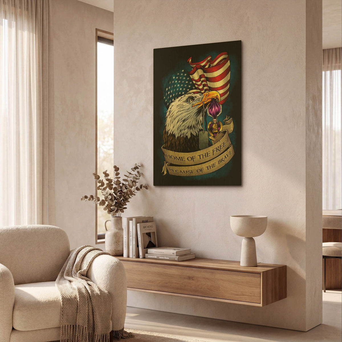 'Purple Heart Eagle and Flag 01' By Flyland Designs Gold Metal Wall Art