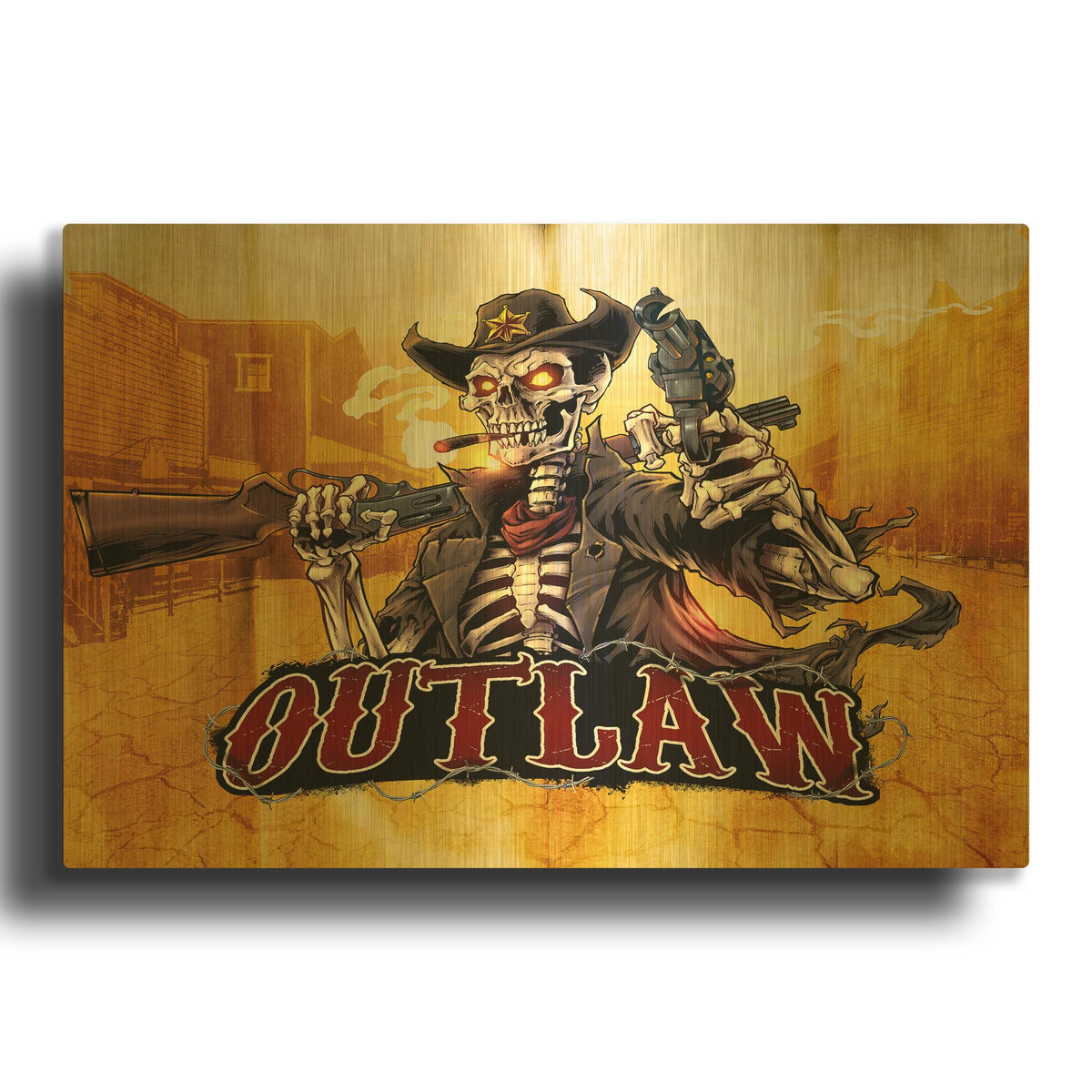 'Cowboy Skeleton Outlaw Mascot' By Flyland Designs Gold Metal Wall Art