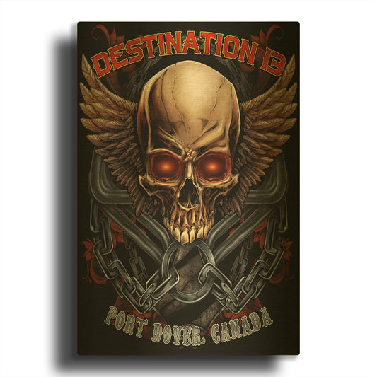 'Skull And Wings With Text' By Flyland Designs Gold Metal Wall Art