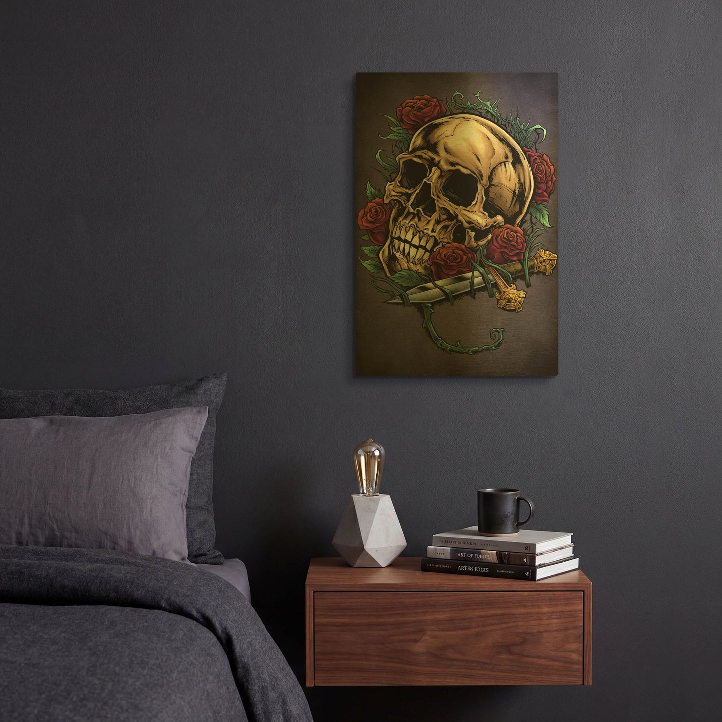 'Skull, Roses, And Dagger' By Flyland Designs Gold Metal Wall Art
