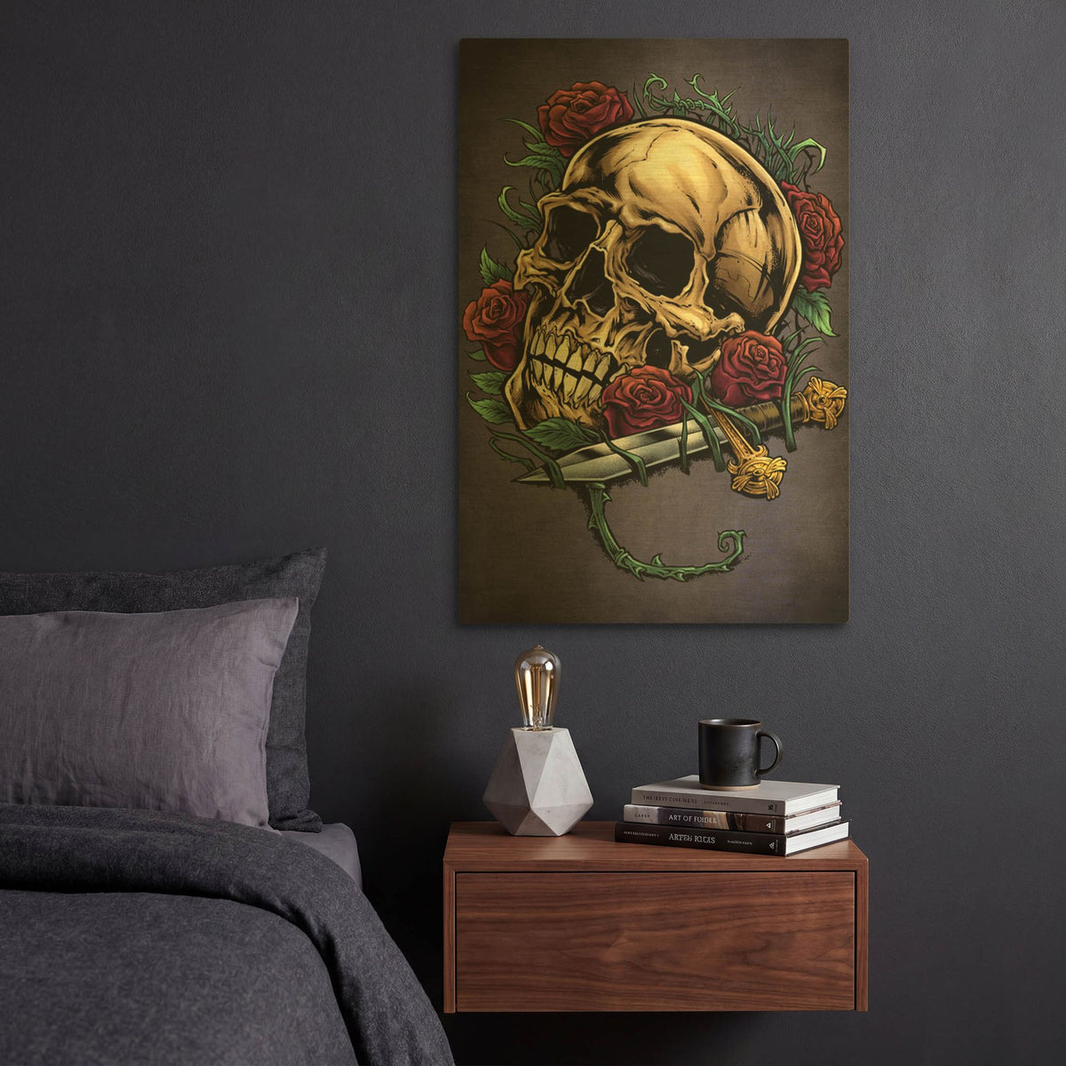 'Skull, Roses, And Dagger' By Flyland Designs Gold Metal Wall Art