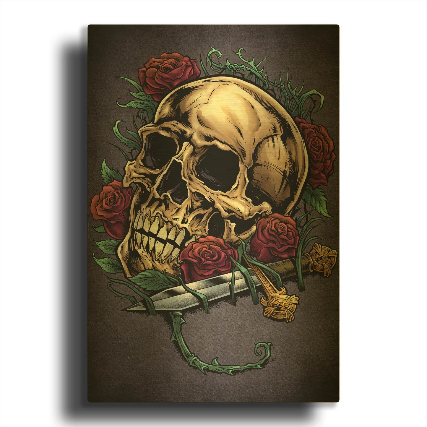 'Skull, Roses, And Dagger' By Flyland Designs Gold Metal Wall Art