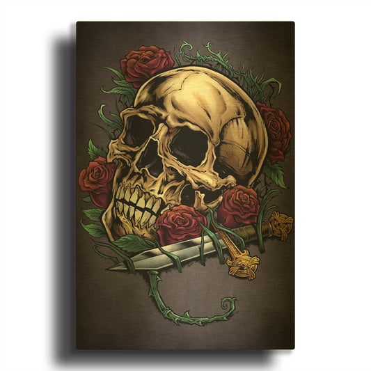 'Skull, Roses, And Dagger' By Flyland Designs Gold Metal Wall Art