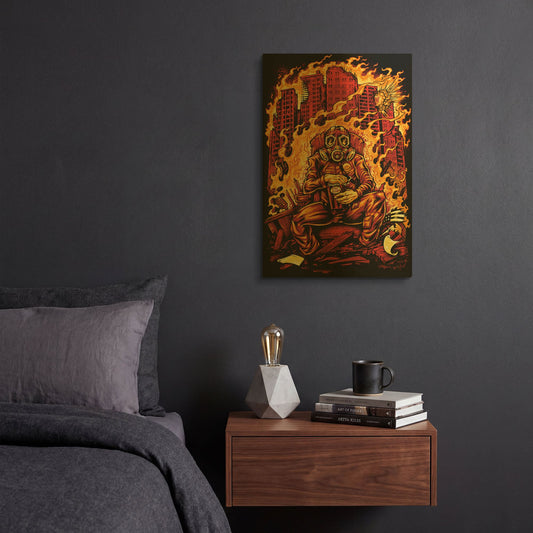 'Gas Mask Destroyed City' By Flyland Designs Gold Metal Wall Art