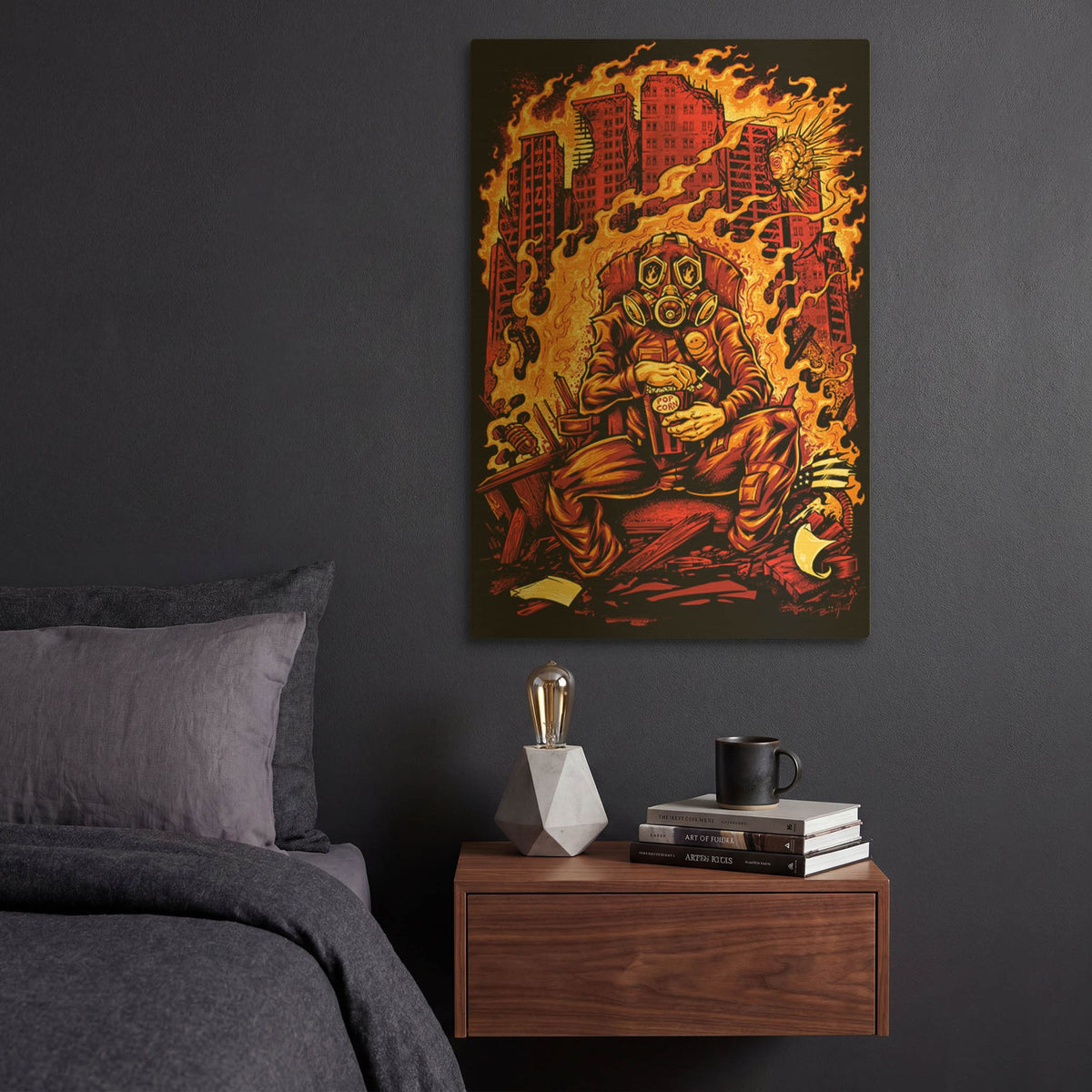 'Gas Mask Destroyed City' By Flyland Designs Gold Metal Wall Art