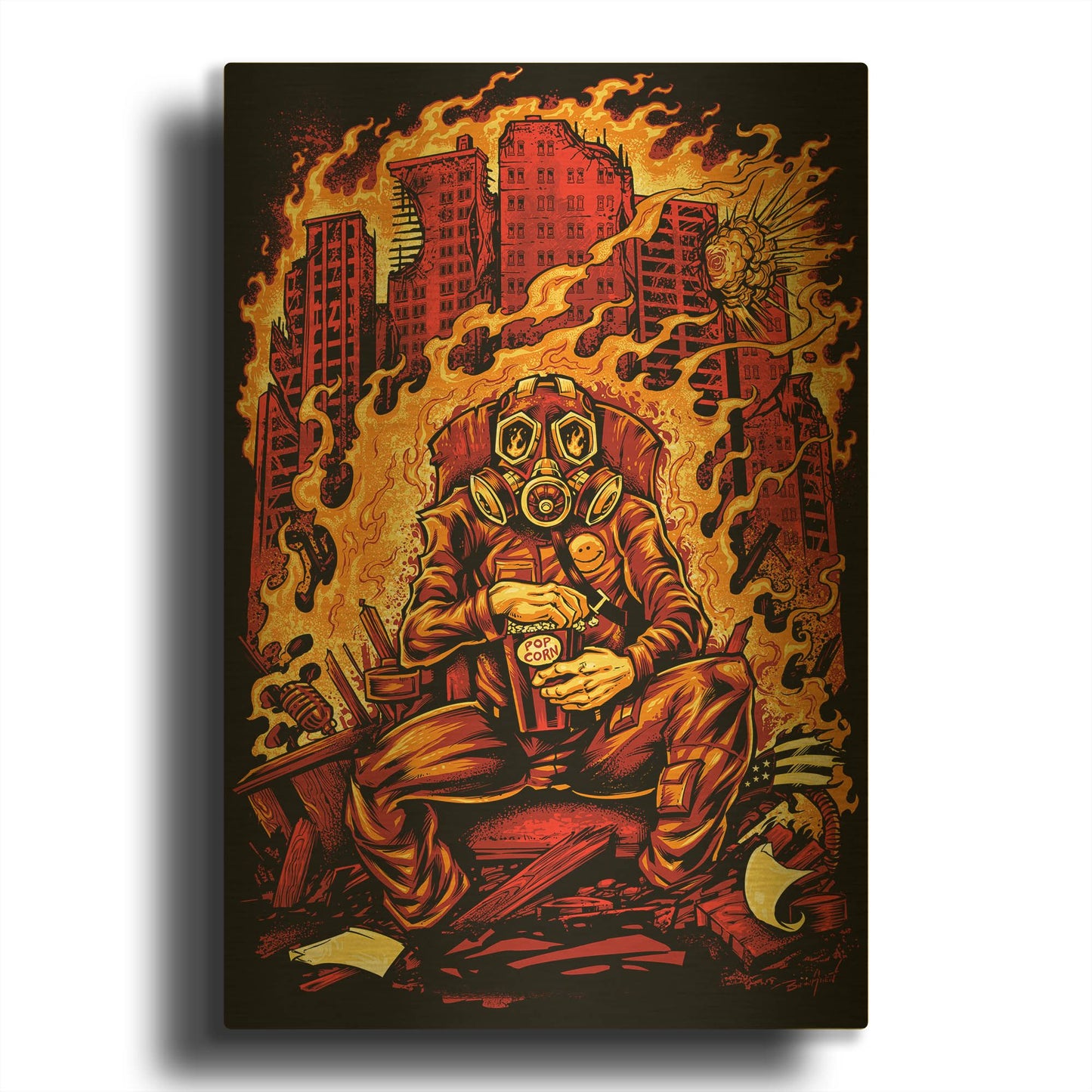 'Gas Mask Destroyed City' By Flyland Designs Gold Metal Wall Art