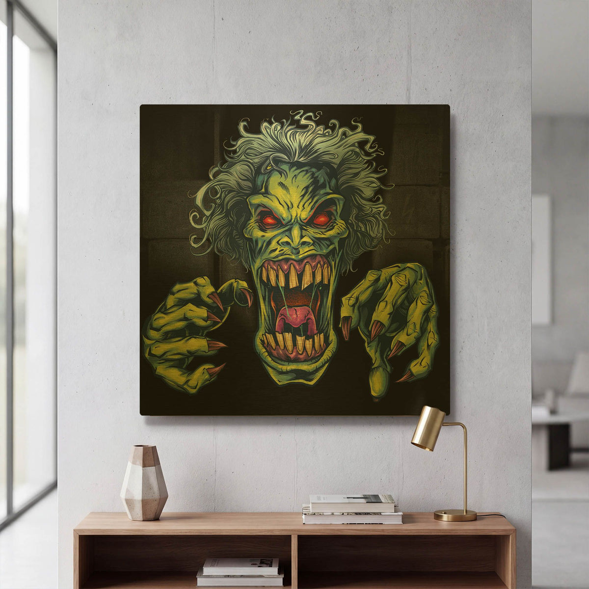 'Green Cartoon Zombie' By Flyland Designs Gold Metal Wall Art