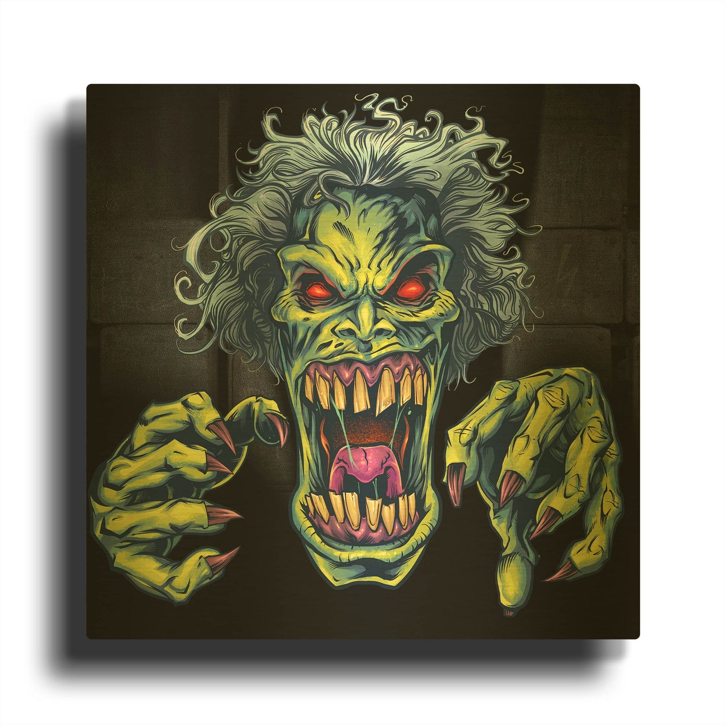 'Green Cartoon Zombie' By Flyland Designs Gold Metal Wall Art