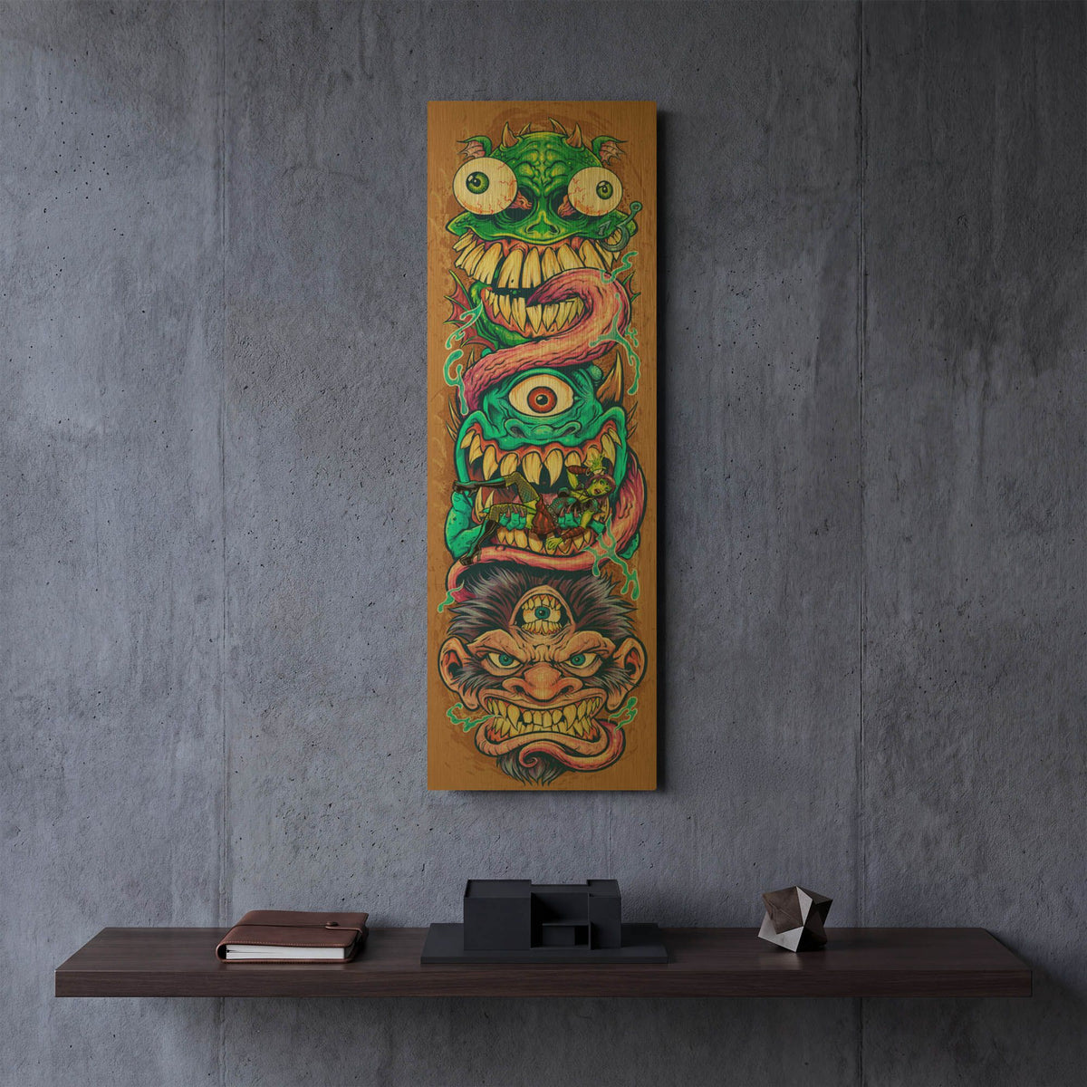 'Monster Faces Skateboard' By Flyland Designs Gold Metal Wall Art