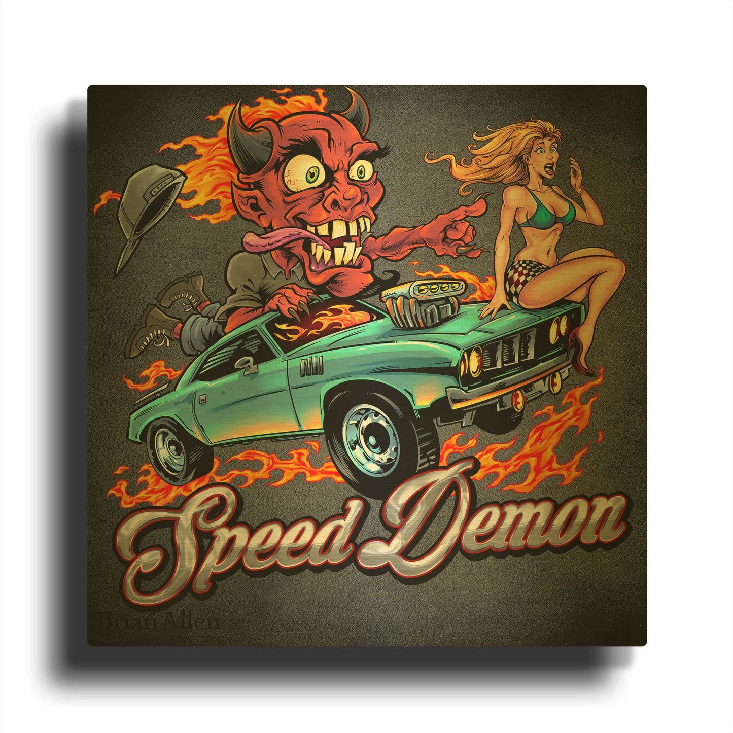 'Speed Demon Flaming Hot Rod' By Flyland Designs Gold Metal Wall Art