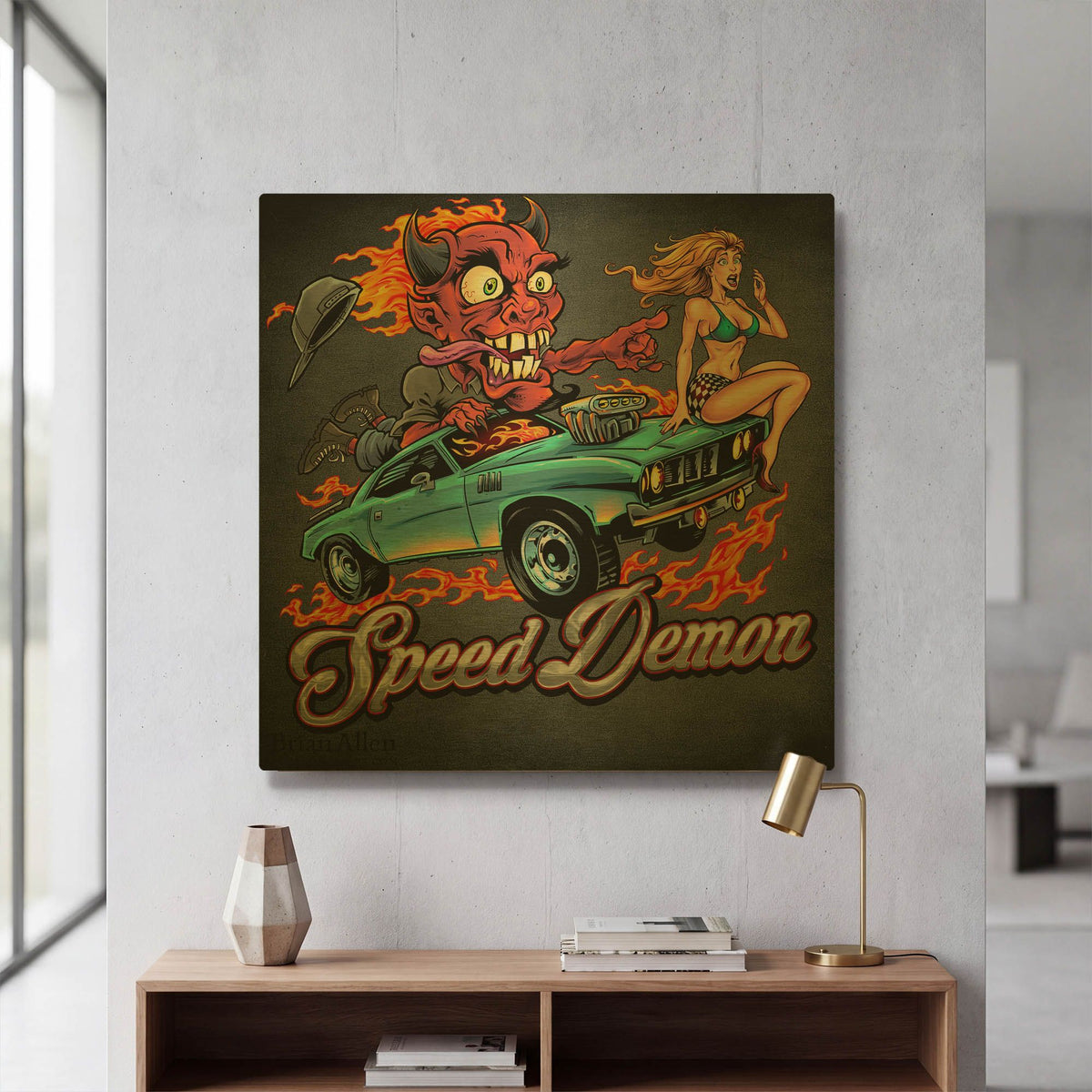 'Speed Demon Flaming Hot Rod' By Flyland Designs Gold Metal Wall Art