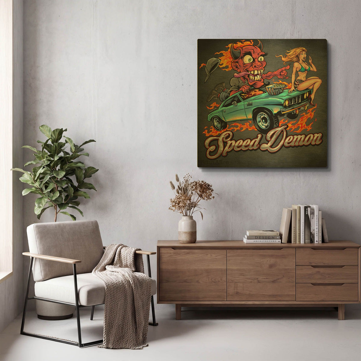'Speed Demon Flaming Hot Rod' By Flyland Designs Gold Metal Wall Art