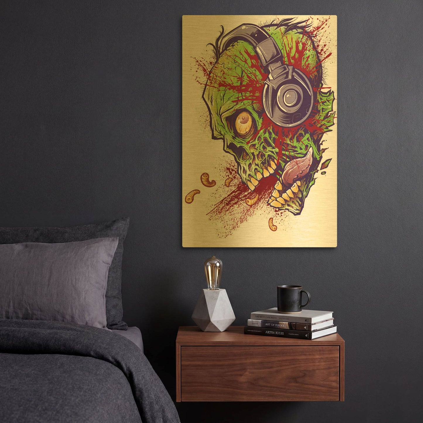 'Zombie With Headphones' By Flyland Designs Gold Metal Wall Art