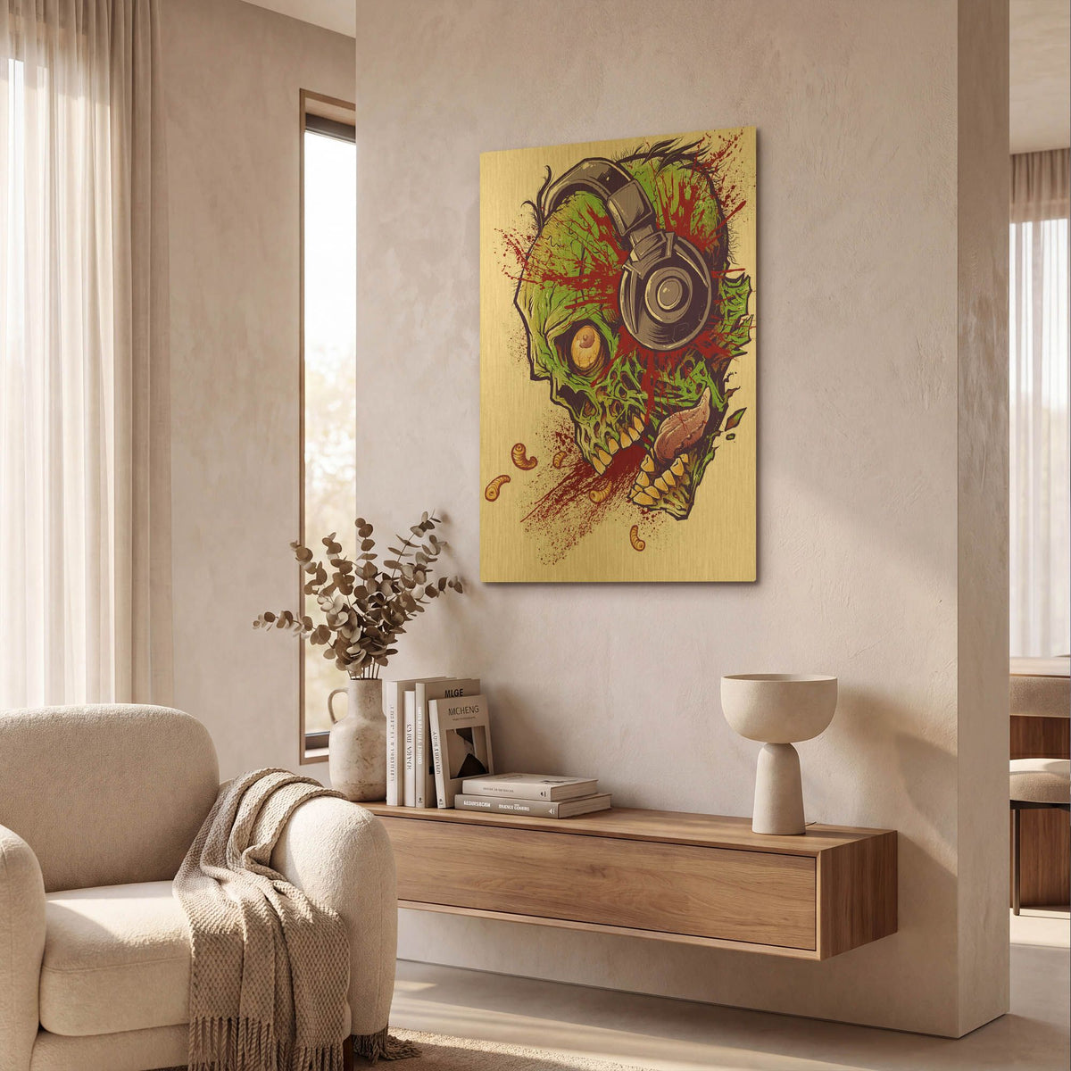 'Zombie With Headphones' By Flyland Designs Gold Metal Wall Art