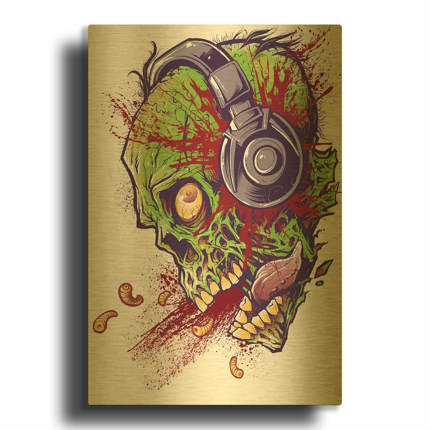 'Zombie With Headphones' By Flyland Designs Gold Metal Wall Art