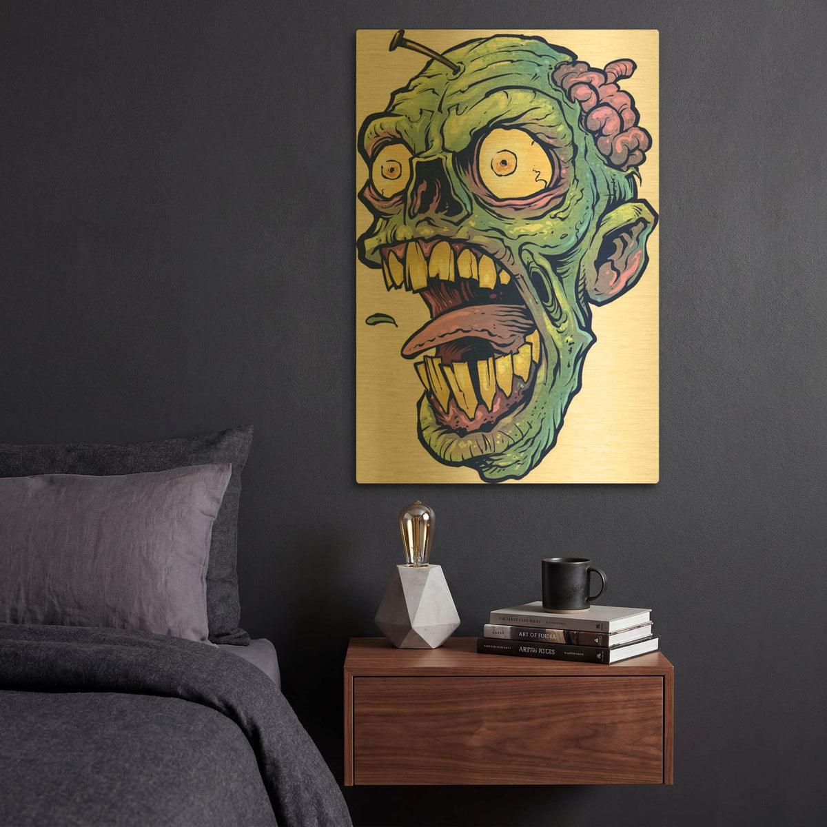 'Zombie Pattern Head 03' By Flyland Designs Gold Metal Wall Art