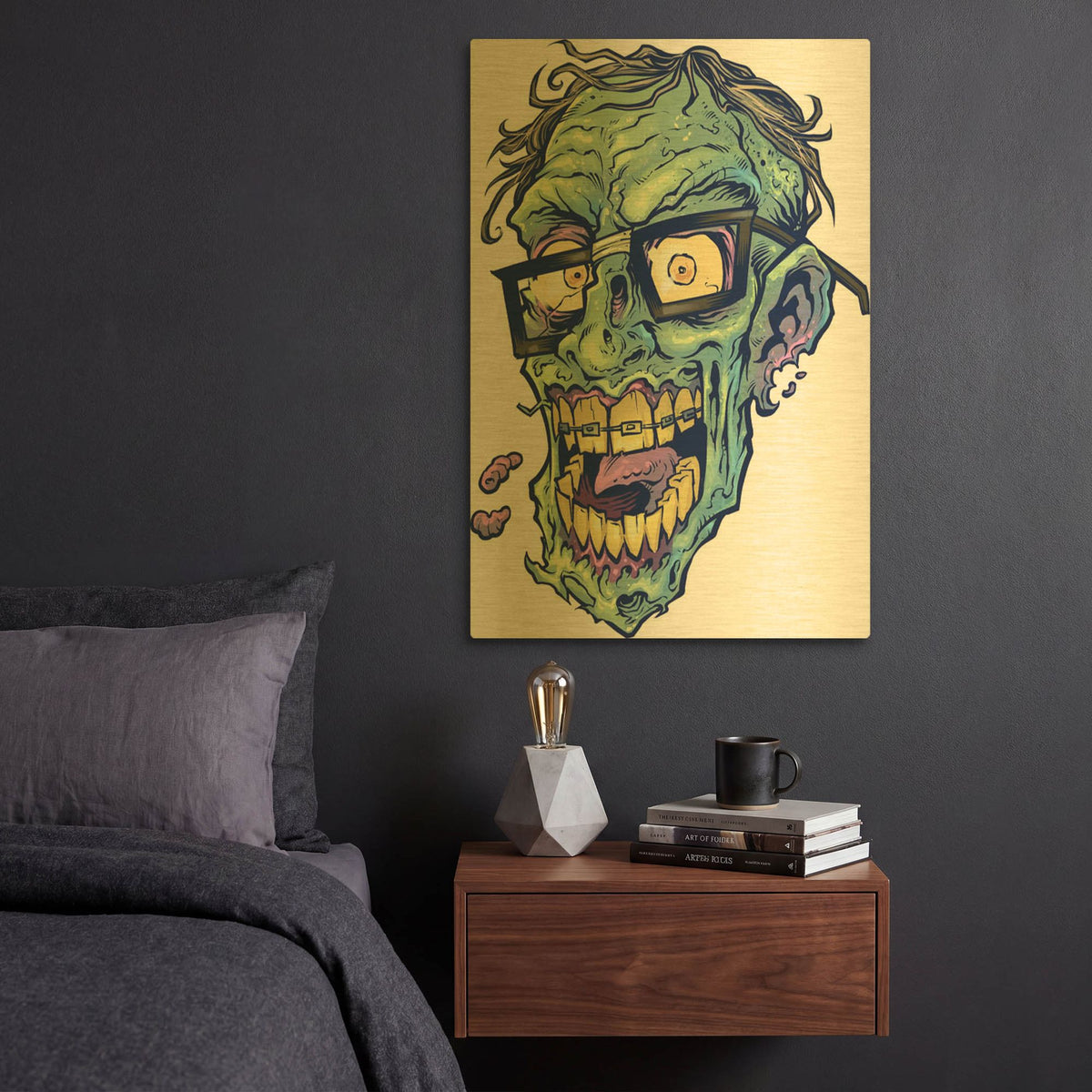 'Zombie Pattern Head 04' By Flyland Designs Gold Metal Wall Art