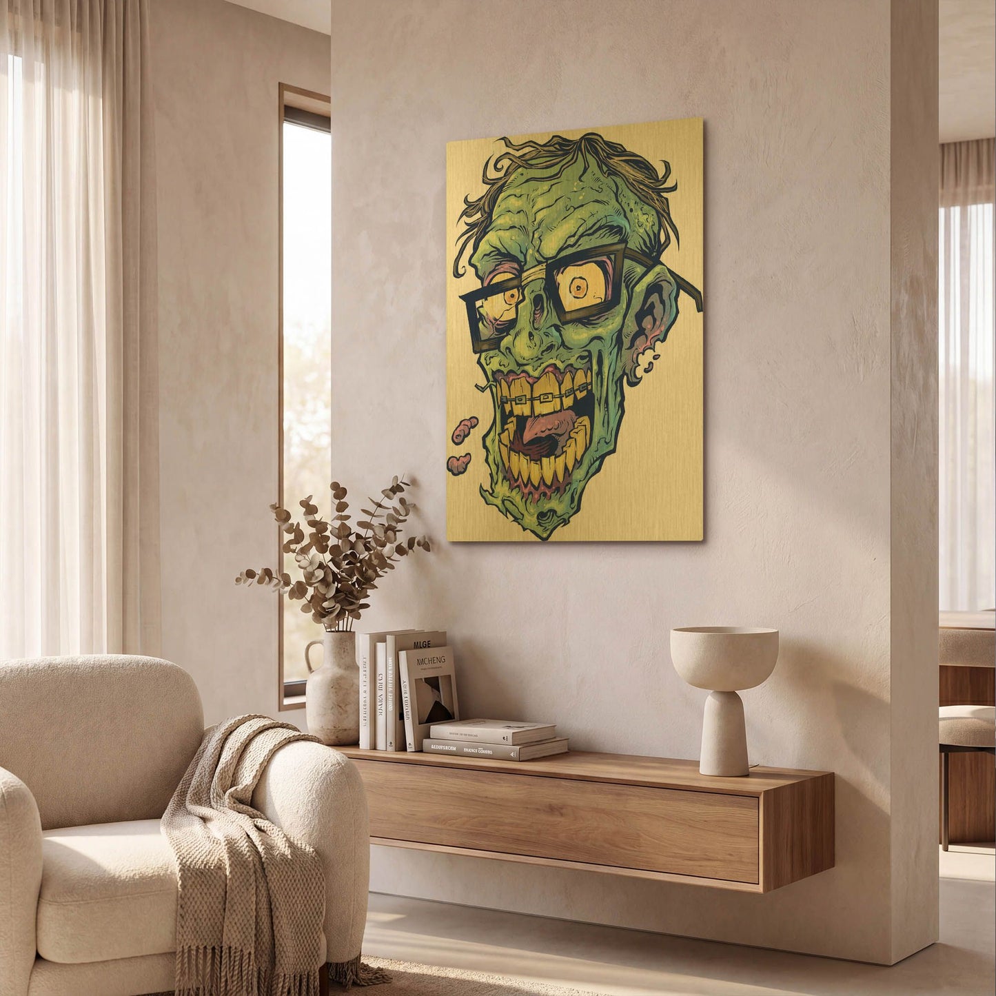 'Zombie Pattern Head 04' By Flyland Designs Gold Metal Wall Art