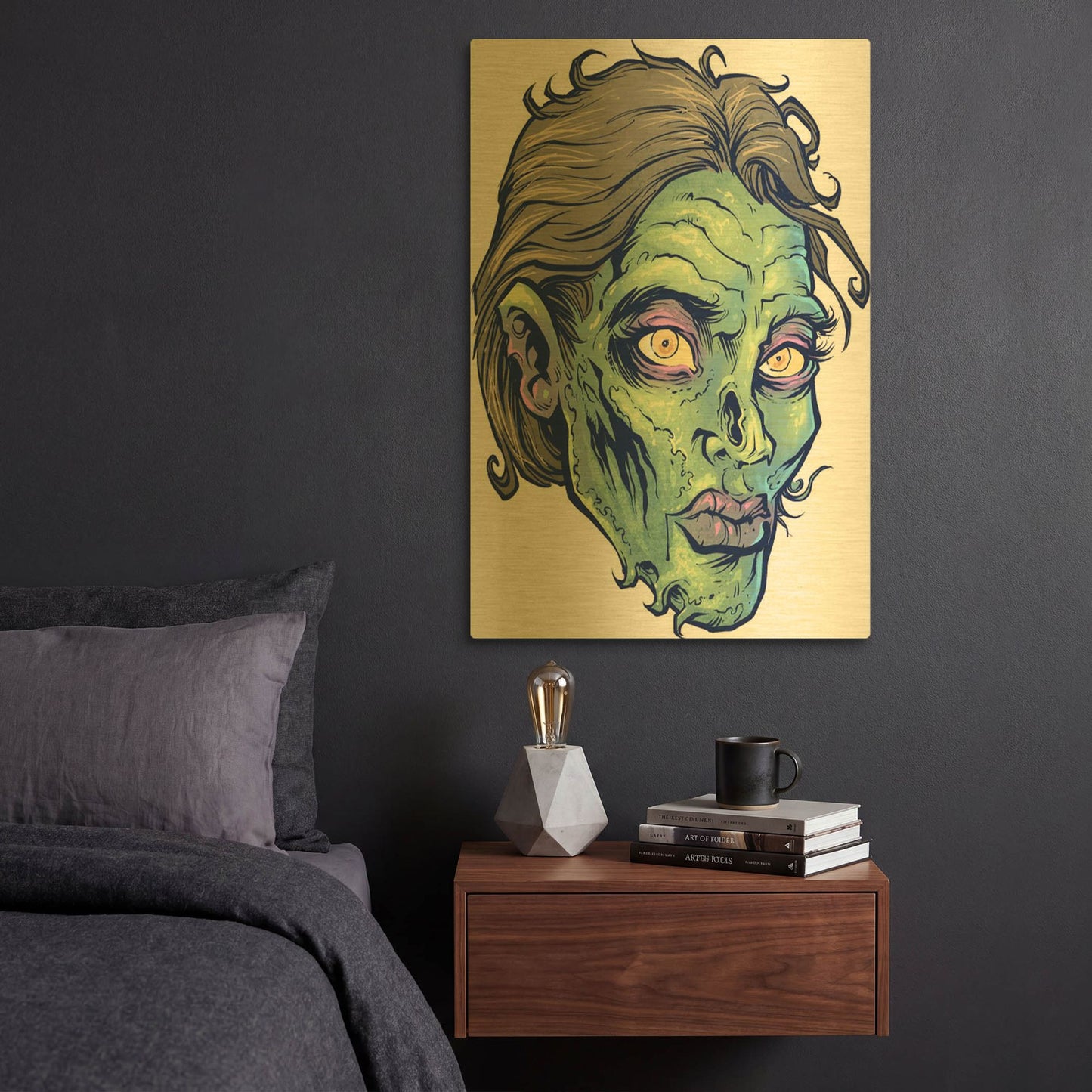 'Zombie Pattern Head 05' By Flyland Designs Gold Metal Wall Art
