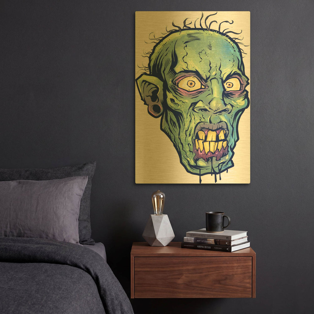 'Zombie Pattern Head 07' By Flyland Designs Gold Metal Wall Art